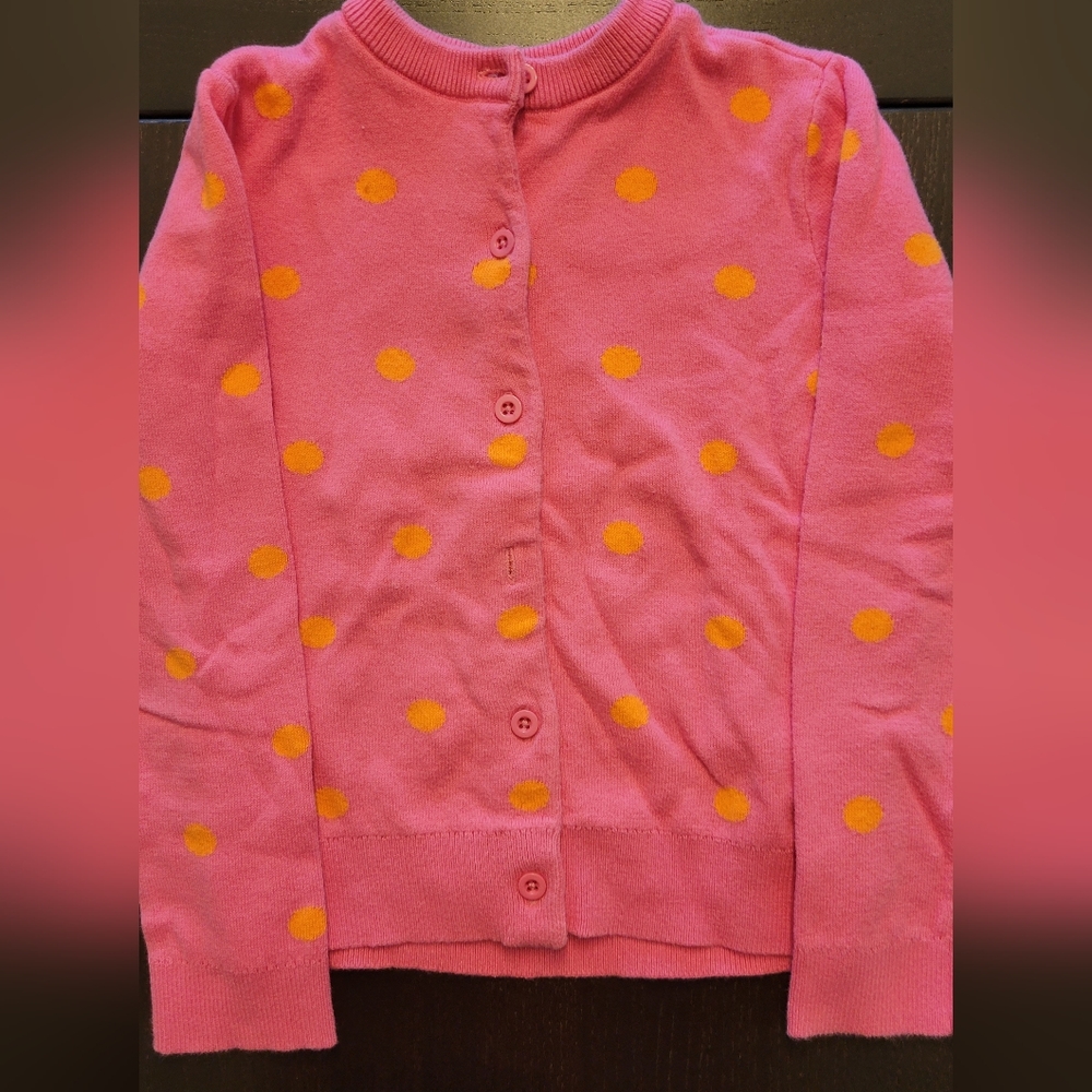 Primary Pink Cardigan Sweater with Yellow Polka Dots